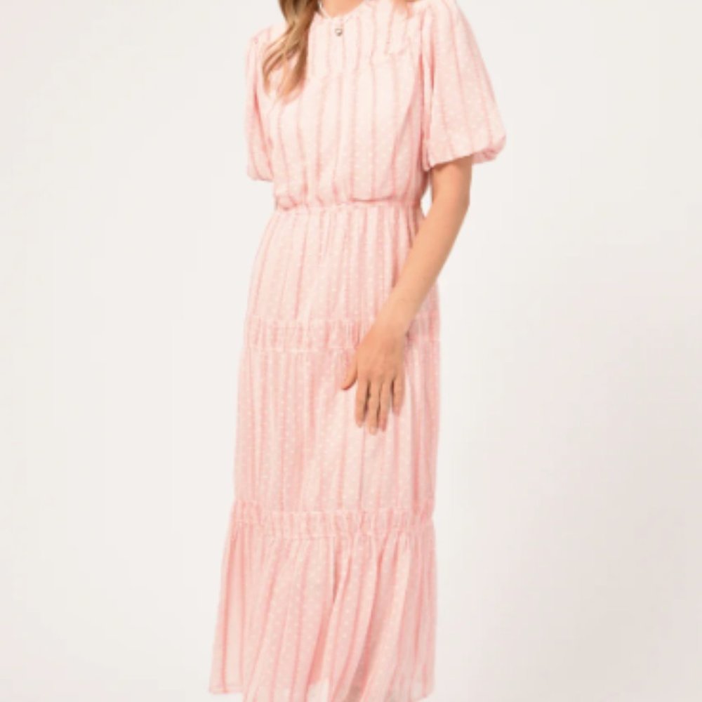 VERO SMOCKED NECK HEART PRINT MIDI DRESS